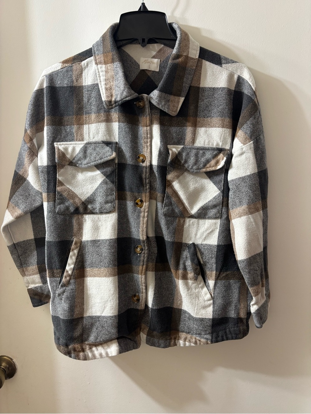 Women’s Plaid Button-Up Jacket in Gray, Brown & White
